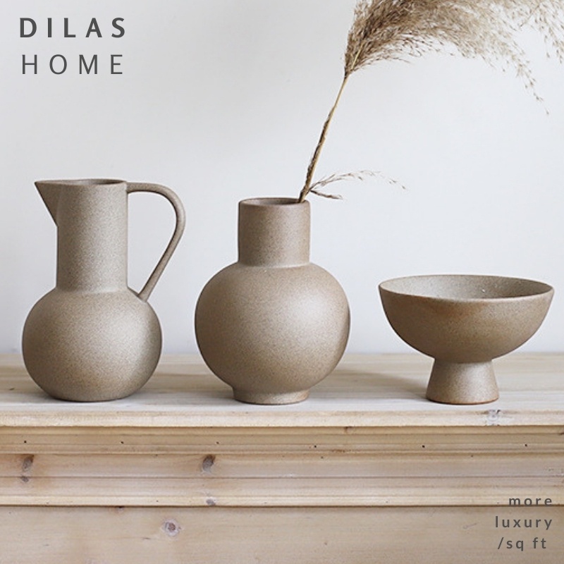 DILAS HOME Mid-Century Sculpture Bowl Bottle Jug Earthy Porcelain Ceramic Flower Vase Centrepiece Ornament Shelf Decor