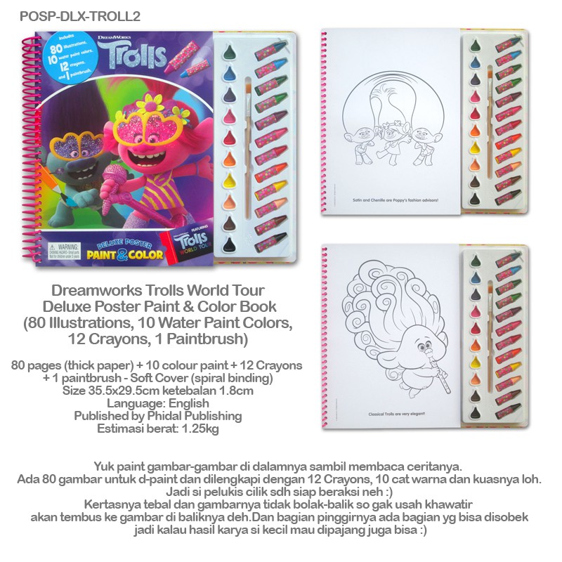 kd dreamworks trolls world tour deluxe poster paint color book 80  illustrations 10 water paint