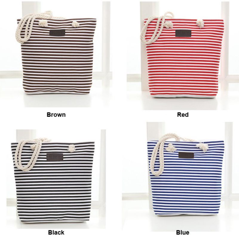 Women Canvas Striped Hemp Rope Handle Shoulder Tote Bag BG3525