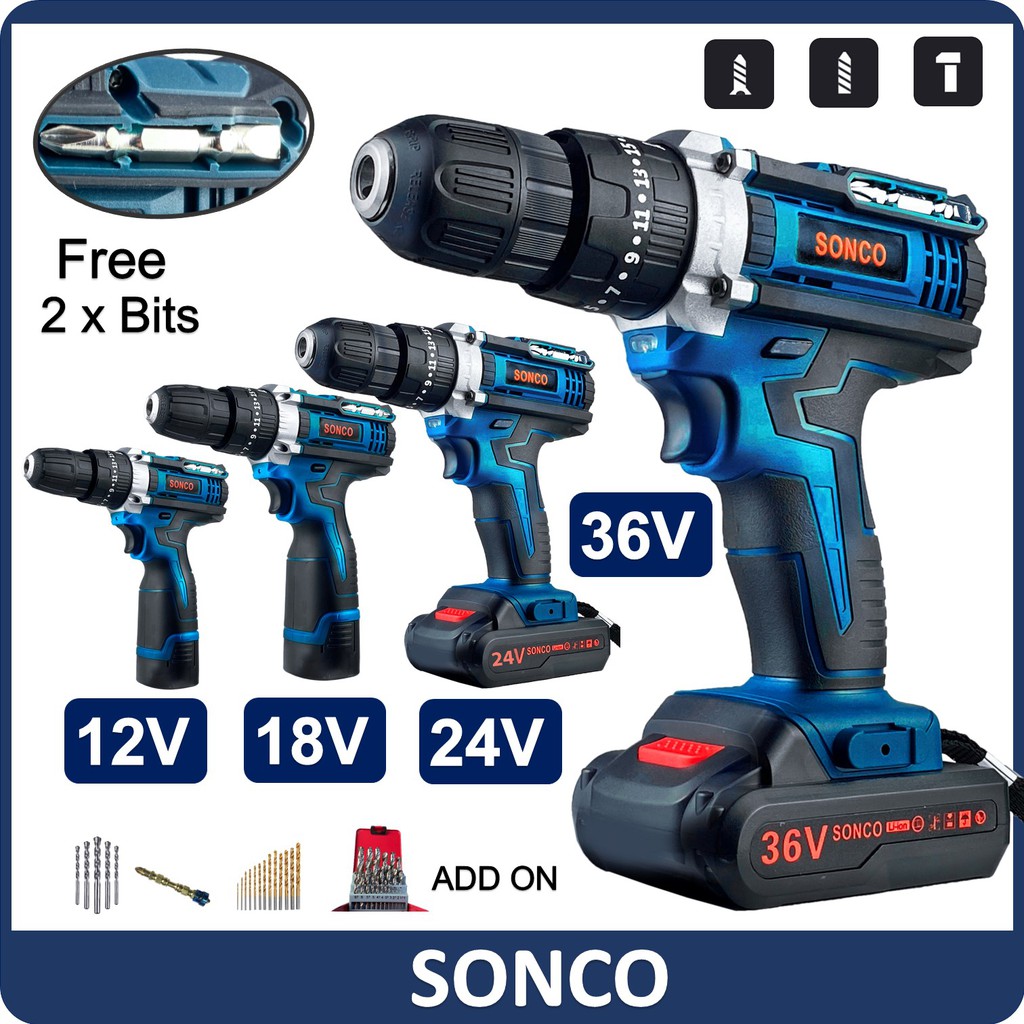SONCO Cordless Impact Drill Screwdriver 2 Battery Hammer Drill 3 Mode