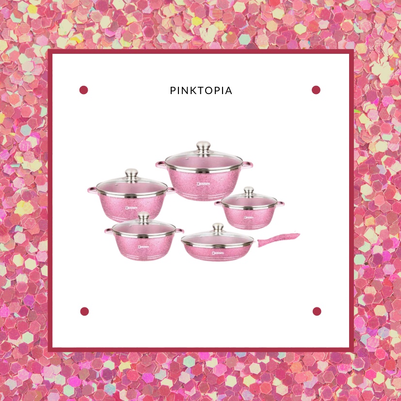 [Ready Stock] Pinktopia Luxury 12 Pieces Set Authentic Pink Dessini Granite Square Cookware Pink Pan Set