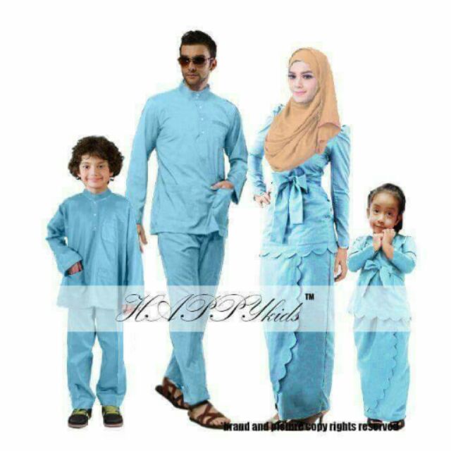 Readystock Blue Set Sedondon Raya Biru Kurung Scallop Sepasang