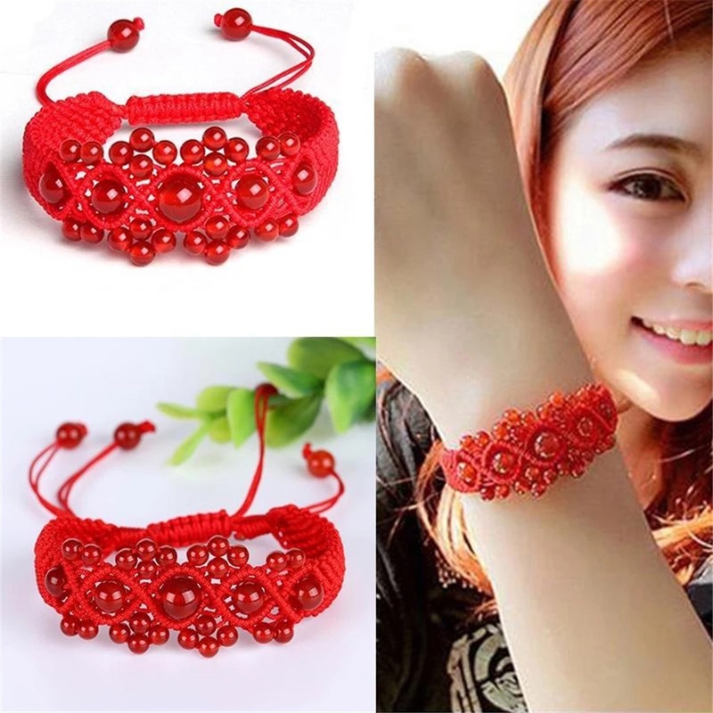 1 Pc Chinese Style Red Gem Beaded Handmade Braided Bracelets/ Adjustable Macrame Rope Bangle/ Memorial Jewelry Gift