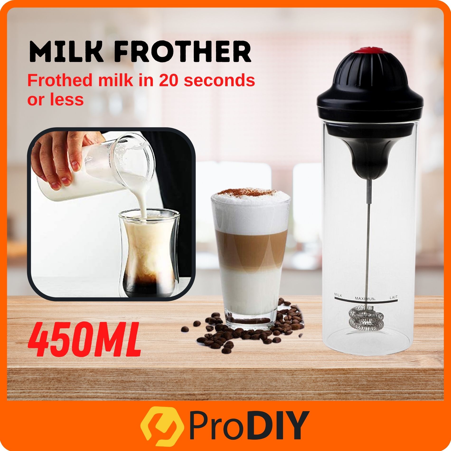 Milk Frother Electric Foamer Coffee Foam Maker Milk Shake Mixer Battery 450ml Milk Frother Cup