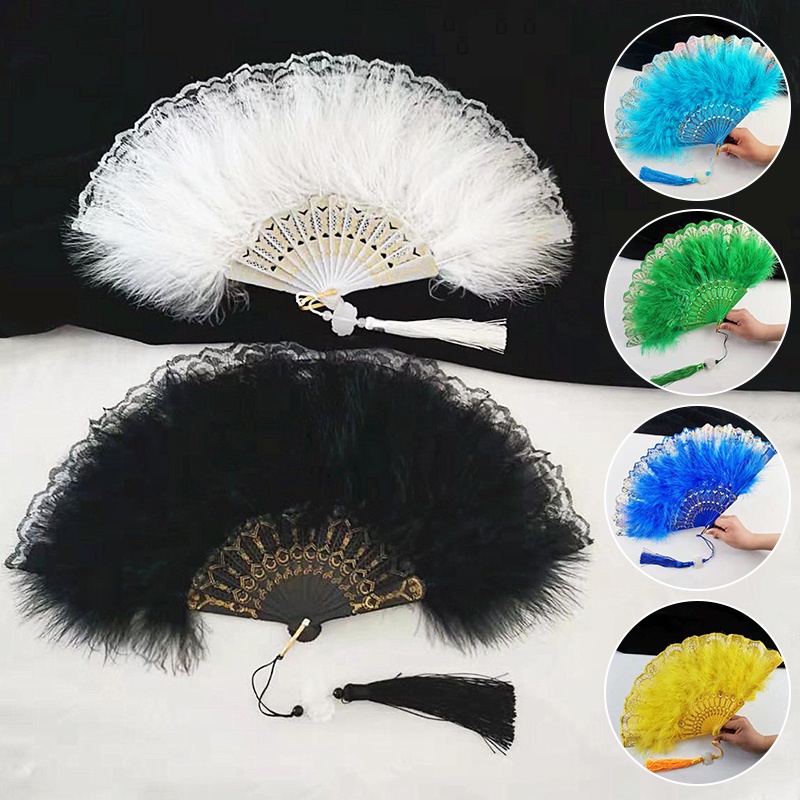 Lolita Feather Folding Fan Japanese Sweet Fairy Girl Dark Gothic Court Dance Hand Fan with Pendant Gift Wedding Party Decoration