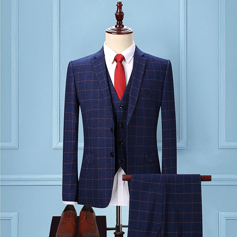 Men's Suit Set Dark Blue Plaid Korean Slim Fit Suit Bridegroom Best Man ...