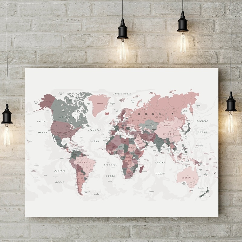 Pink World Map Canvas World Map Canvas Print Blush Pink & Hunter Green Map Of The World Poster  Dorm Decor Modern Wall Art Picture Painting Decoration | Shopee Malaysia