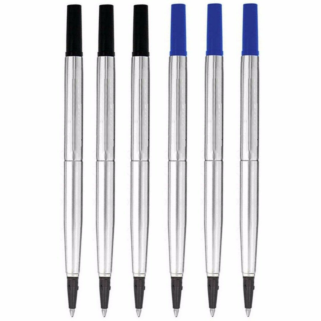 6x Parker Rollerball Pen Refills 3 Black + 3 Blue Ink Medium Nib 0.5mm