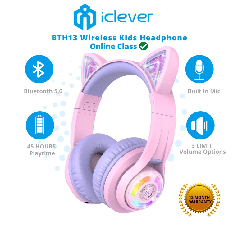 iClever BTH13 Cat Ear Bluetooth Headphones RGB LED Light Up Over Ear with Microphone, 74/85/94dB Volume Limiting Headset