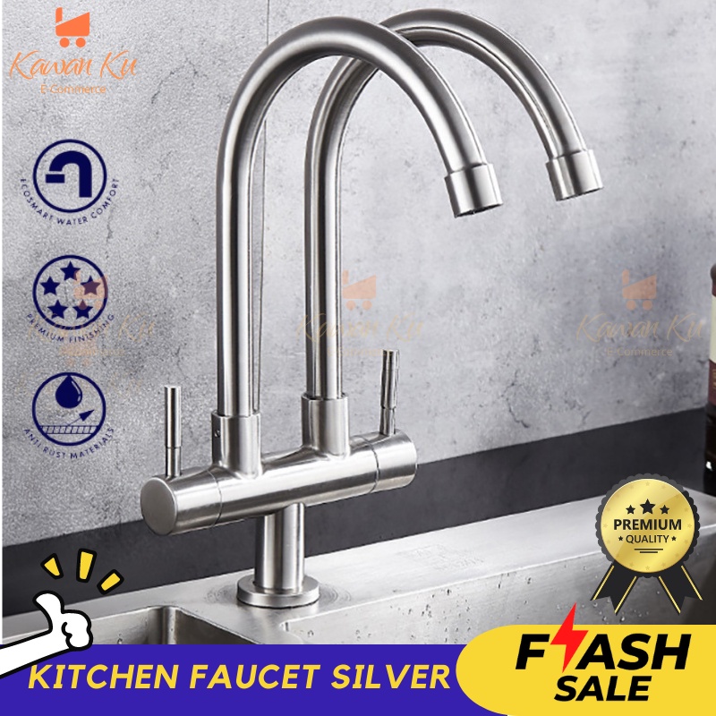 Kitchen Sink Faucet Double Tap Stainless Steel SUS304 360 Rotating Hose