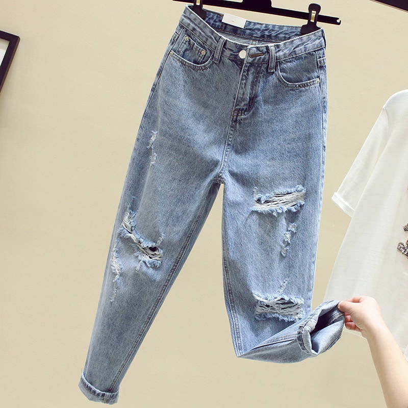 korean style High Waist ripped Jeans Women's Slim Fit Pants Korean ...