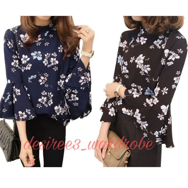 Msia Ready Stock🔥T1903- Chiffon Trumpet Floral Blouse