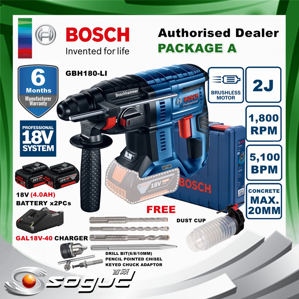 BOSCH GBH180LI 18V 4.0AH BRUSHLESS CORDLESS BATTERY ROTARY HAMMER