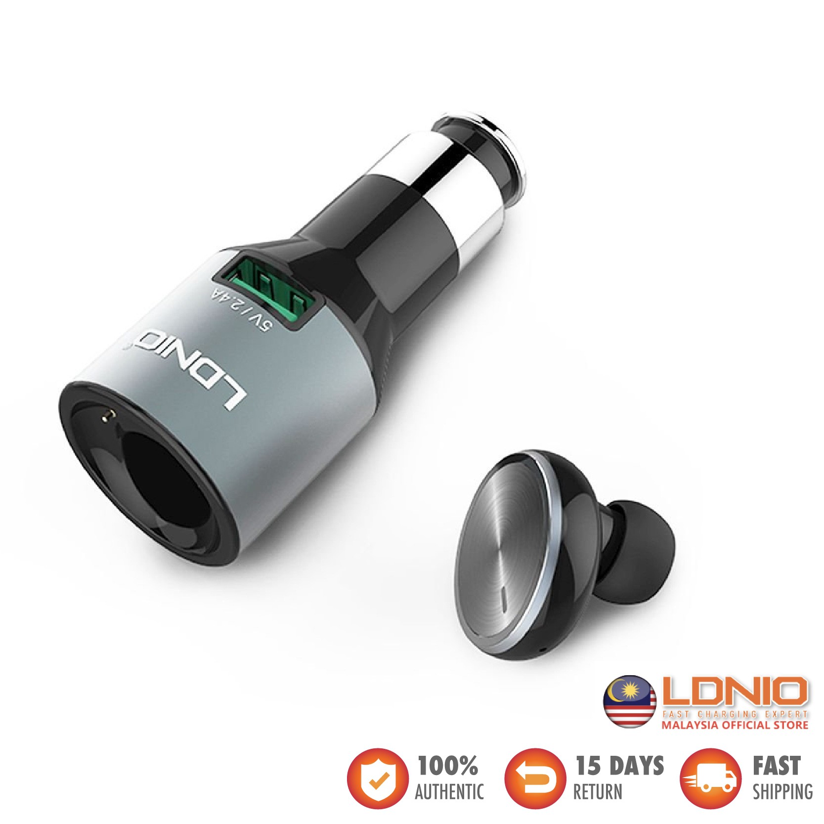 LDNIO CM20 Mono Bluetooth v4.0 Headset with Auto ID USB Car Charger (2.4A)