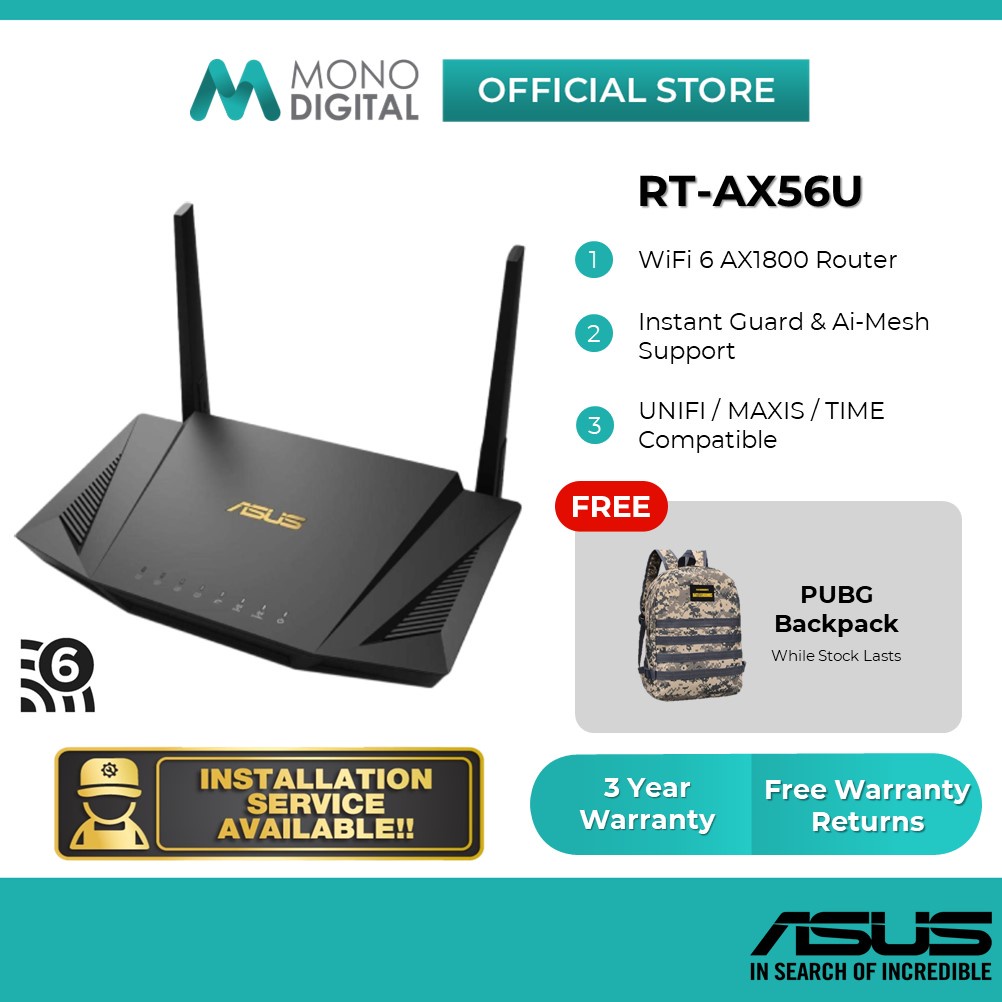 ASUS RT-AX56U Dual Band AX1800 WiFi 6 Ai-Mesh Router with MU-MIMO  OFDMA  and Instant Guard [Free PUBG Bag] | Shopee Malaysia