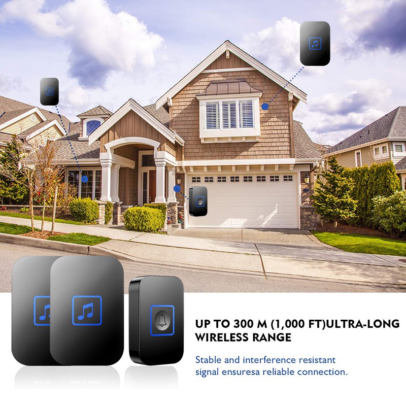 Wireless Doorbell Waterproof Loceng Pintu 300M Smart Door Bell Ring Electric Home Office UK Plug Remote Volume Control