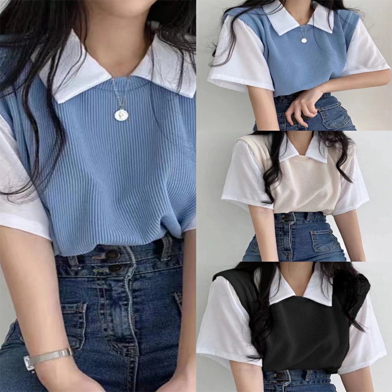 Polo shirt fake two-piece college style simple color matching short-sleeved T-shirt women's loose and thin casual all-match top