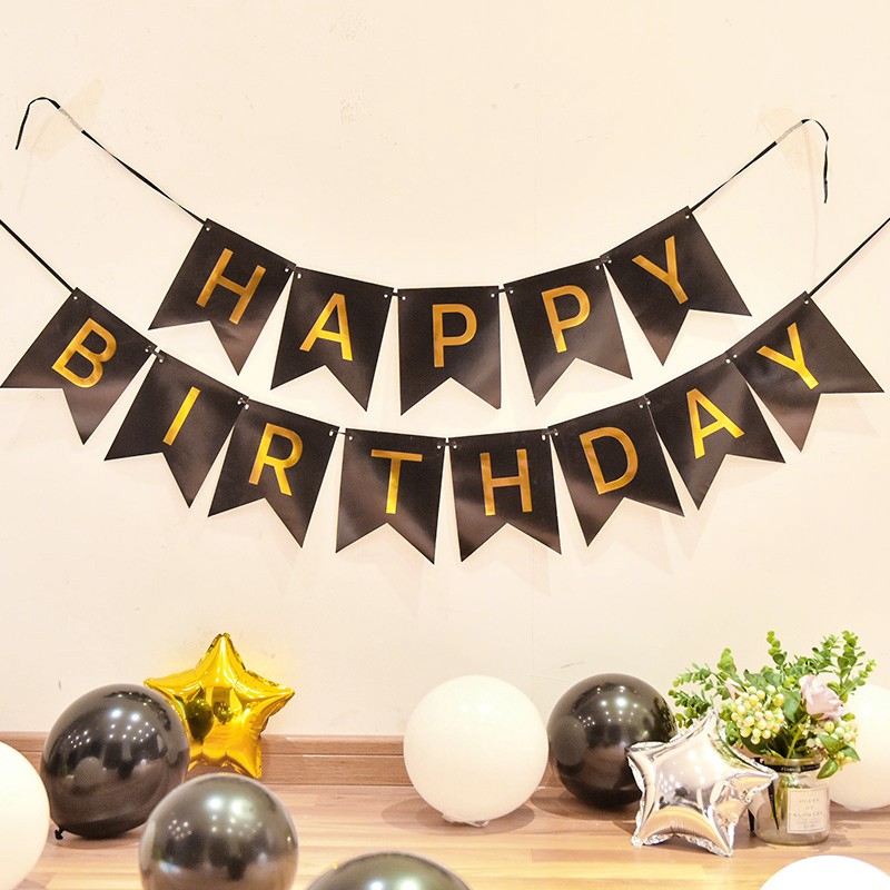 Happy Birthday Banner Gold Font Paper Flags Anniversary Party Decoration | Shopee Malaysia