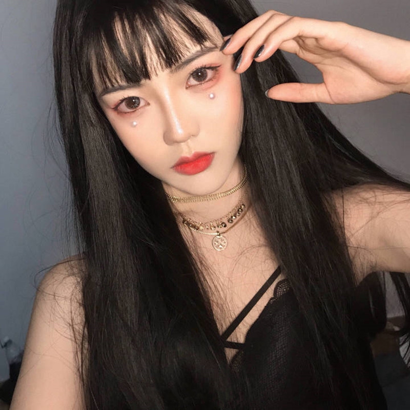 Yoyolala Wig Woman Together Fringe Black Long Straight Hair