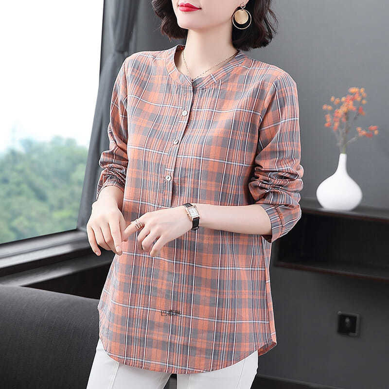 2020 New L-5XL Cotton Blouse Linen Button Plaid Shirt Kemeja Women's ...