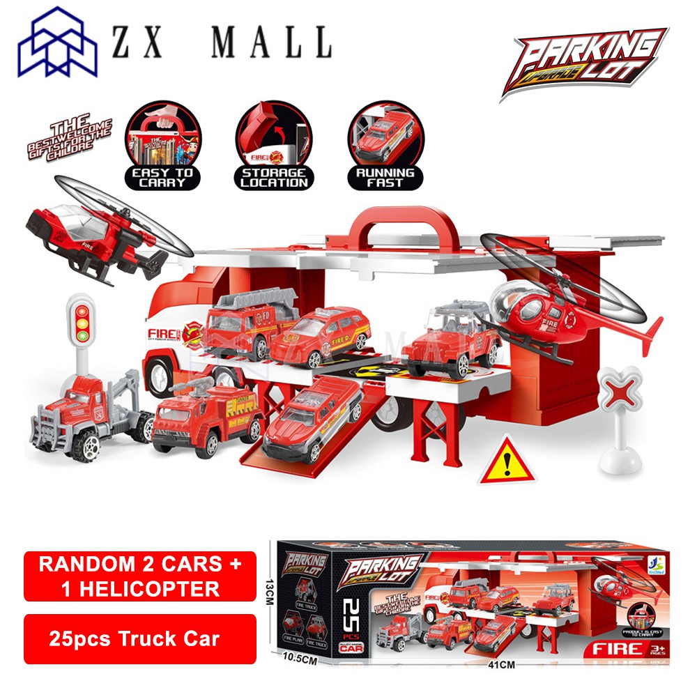 Fire Trucks Parking Lot Race Tracks Car Toys Set 2* Helicopter with 6* Diecast Metal Rescue Car for 2 3 4 5 6 7 Years Old Boys Kids Toddlers Easy to Storageable & Carry 