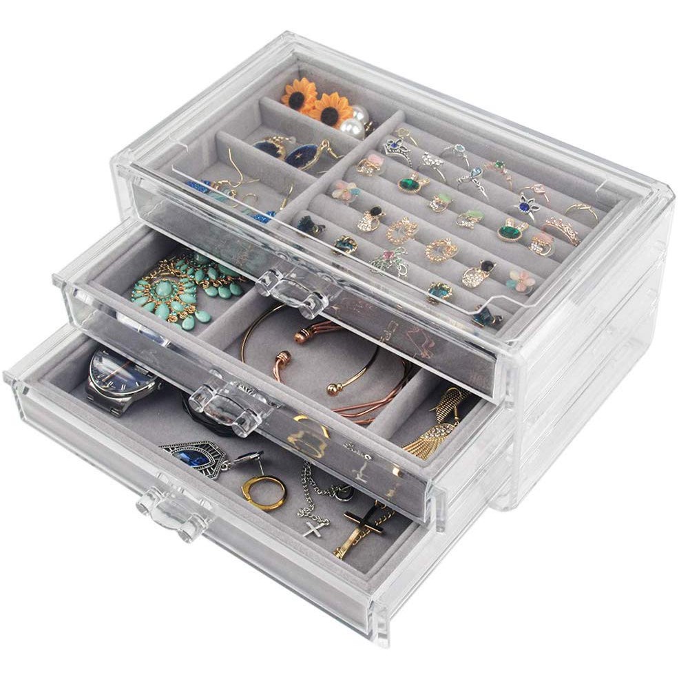Jewelry Storage Box Transparent 3 Drawers Velvet Jewellery Boxes