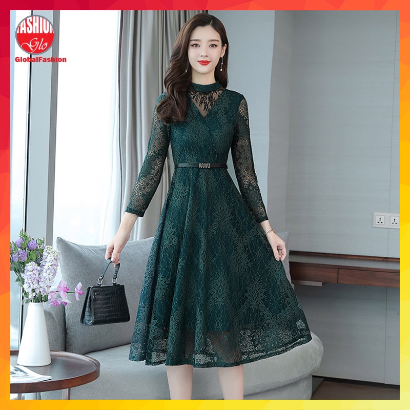 Women Long Sleeve Lace Dress Baju Wanita Lengan Panjang Knee Length A Line Dress for Travel Dinner Global Fashion