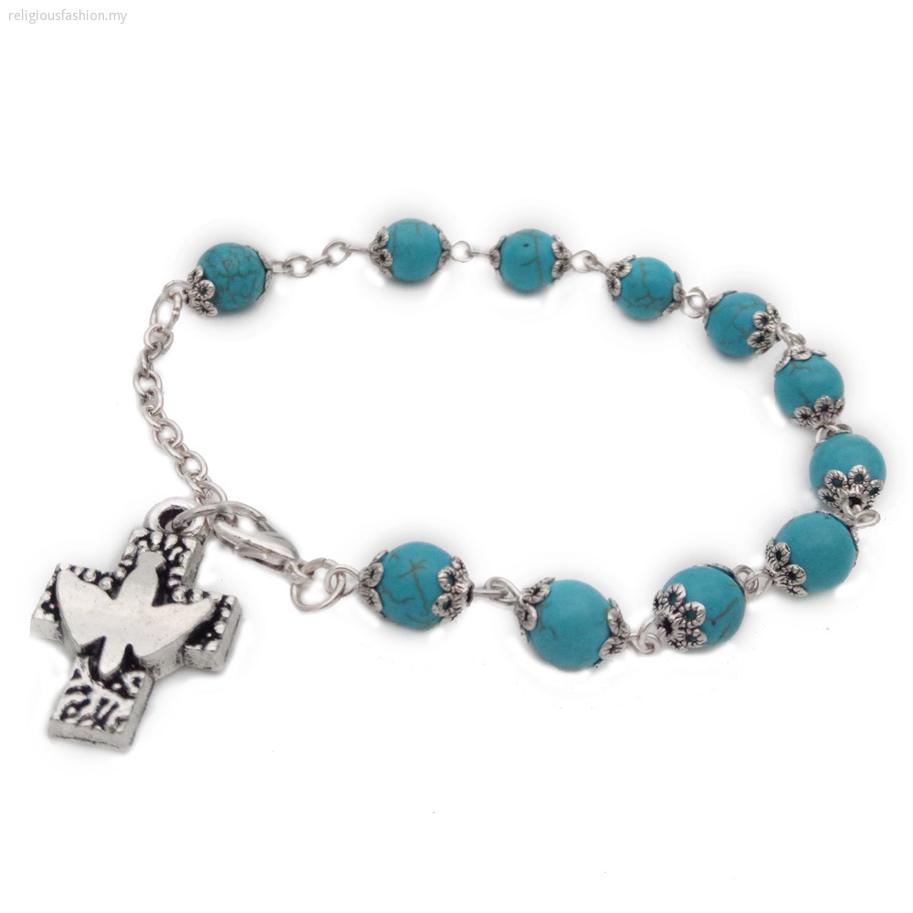 Refined Turquoise Beads and Peace Dove Cross Rosary Bracelet Religious Jewelry Adjustable with Lobster Clasp