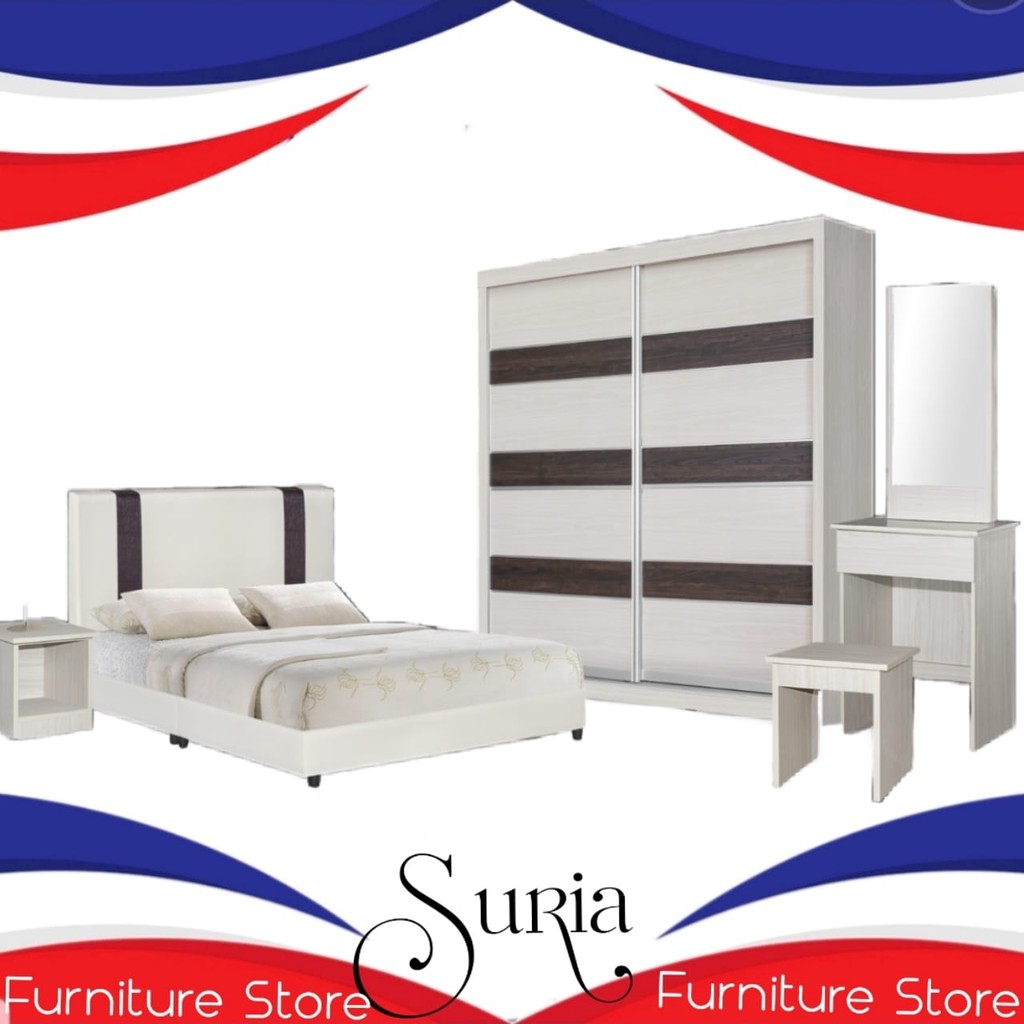 8 X 8 Set Bilik Tidur Katil Queen Bedroom Set Wardrobe Divan Bed Dressing Table Side Table Shopee Malaysia