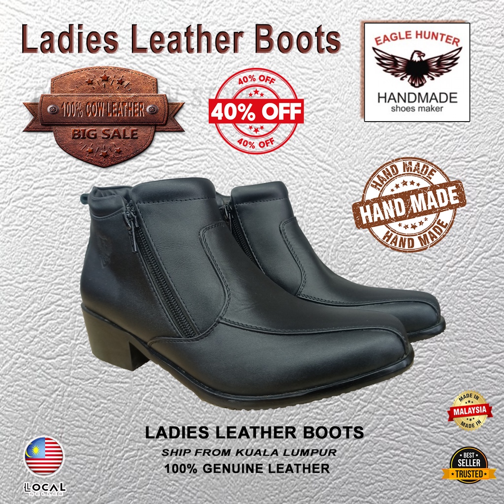 Original Ladies High Cut Leather Boot 2 inch Heel Kasut Potong Wanita
