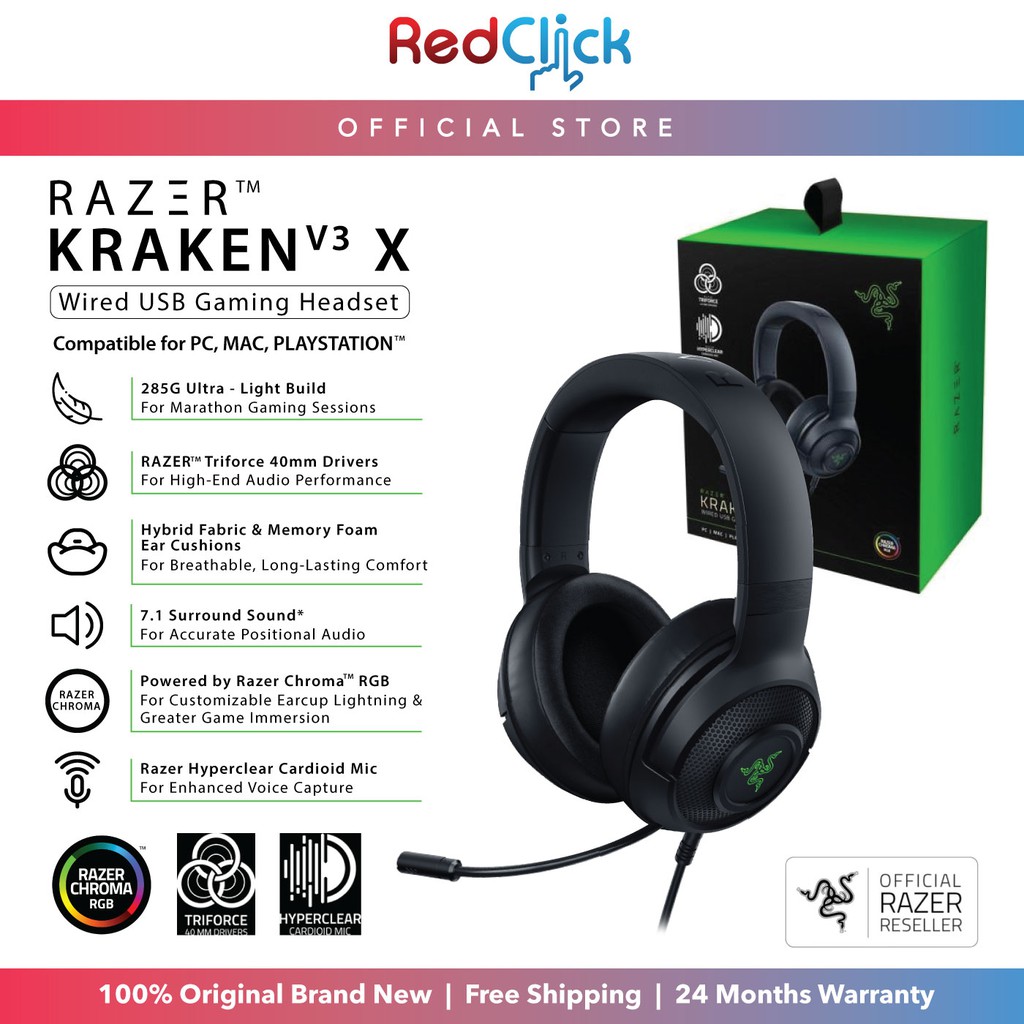 Razer Kraken V3 X Wired USB Gaming Headset Ultra Light Comfort Heavy Bass 7.1 Surround Sound RGB