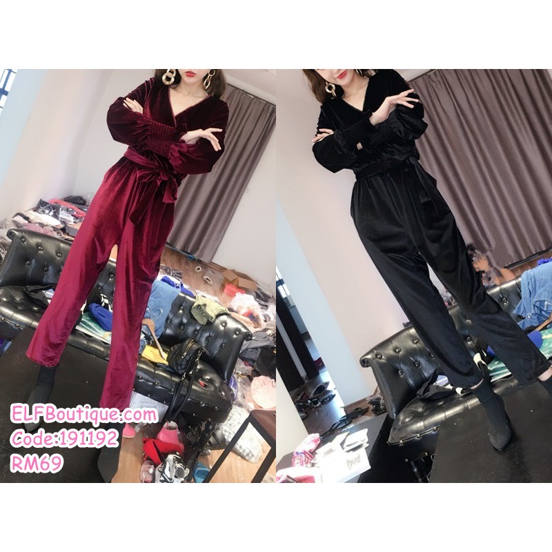 READY STOCK Korean Styles Elegant Long Sleeve Jumpsuit Wine Red/Black 191192