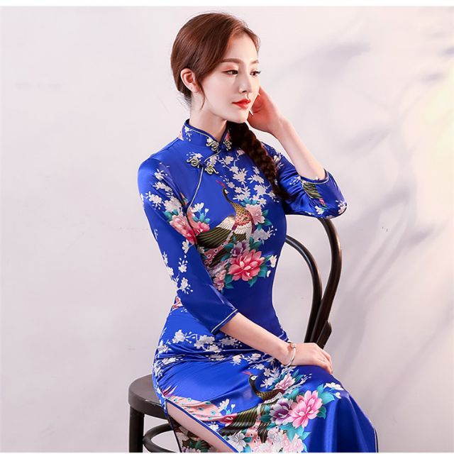 Chinese style Retro Women Slim 3/4 Sleeve Floral Print Qipao Cheongsam Dress Fr