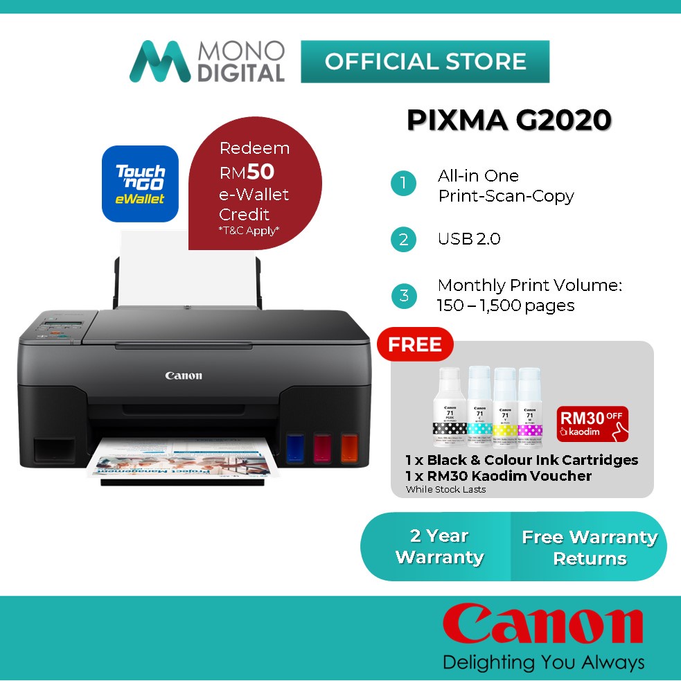 Canon Pixma G2020 Low Cost Cartridges All In One Printer [Free RM30 Kaodim Voucher][Free TnG RM50]