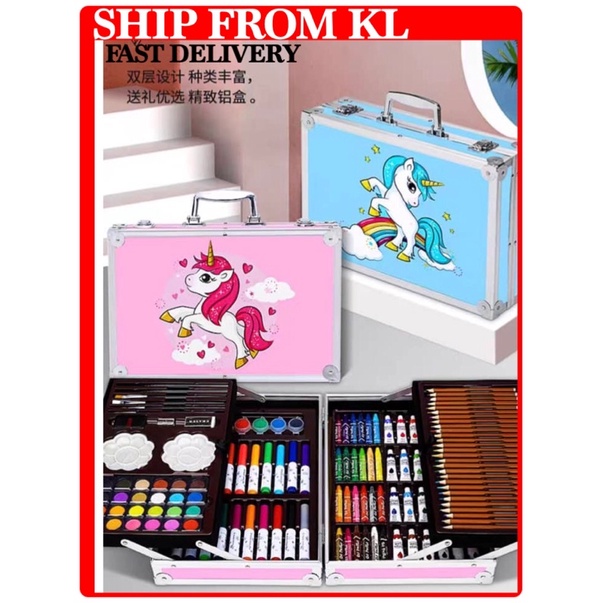 Warna lukis Unicorn Design 145pcs Art set Aluminum Case Painting Pen Stationery Set Watercolor Pens Crayon Pencil Drawin