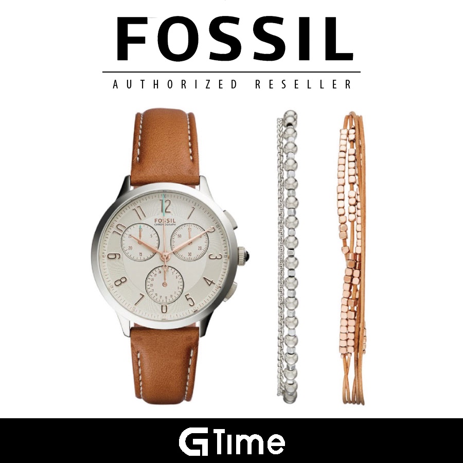 [Official Warranty] Fossil CH4001SET Women's Abilene Chronograph Leather Watch And Jewelry Box Set