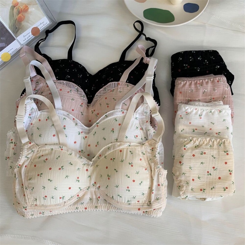 【1 Set】Panties Bra Set Young Girl Lovely Print Floral Bra Women Push Up Underwear Ladies Wireless Lingerie Bralette