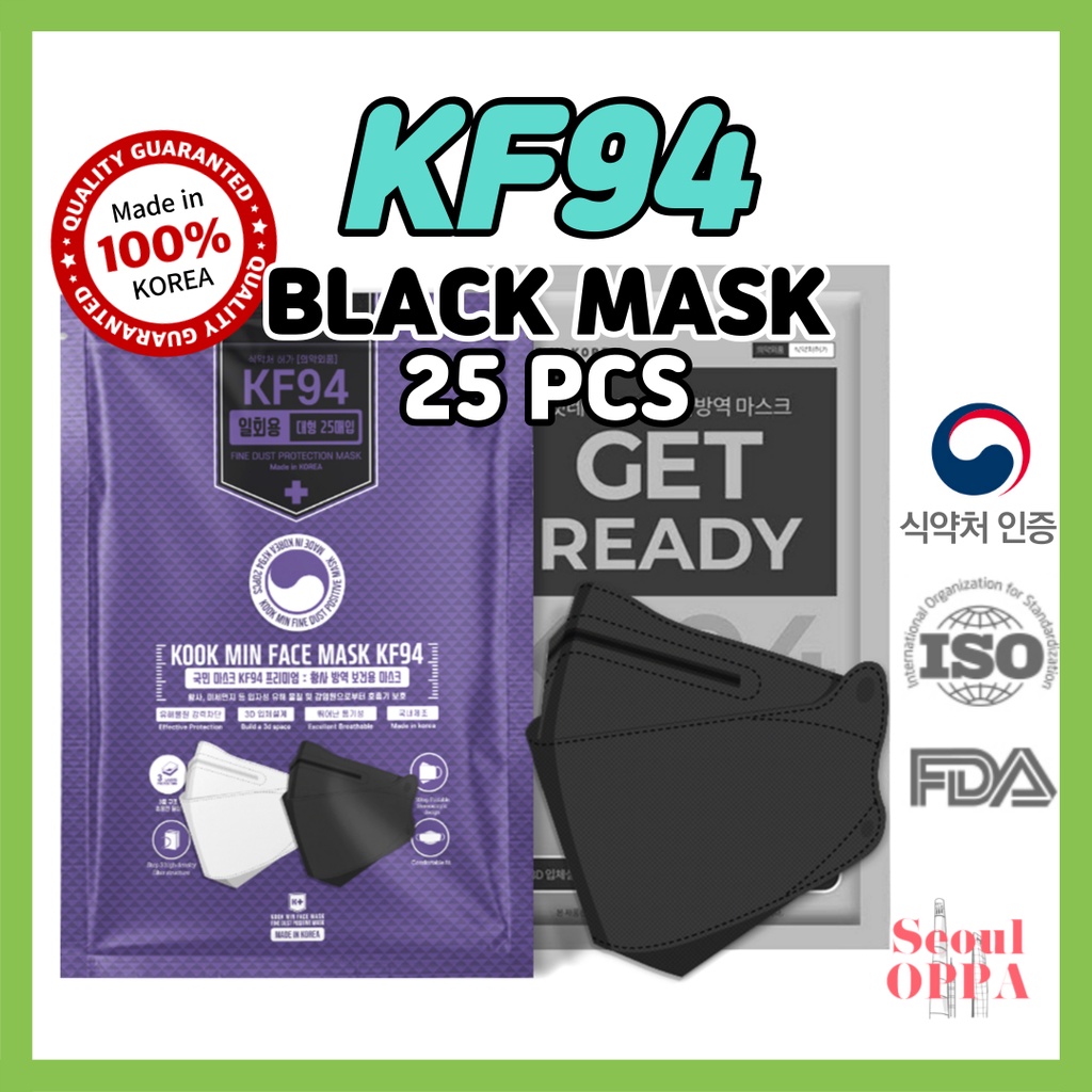 100 Made in Korea KF94 Mask 25PCS KOOKMIN GET READY Black Large Masks