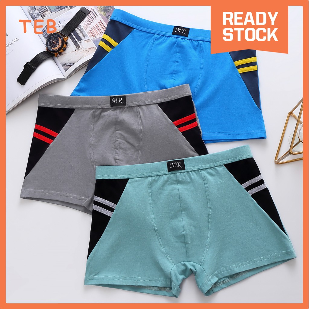 (3PCS | M-2XL) MR Sporty Double Stripes Cotton Boxer Underwear | Seluar Dalam Boxer Lelaki Rekaan Jalur Berganda