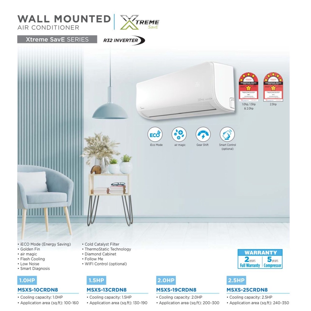 2023 NEW R32 MIDEA  INVERTER - 1.0 /1.5 /2.0/2.5  HP  Air Conditioner -MSAF-10/12/18/24 CR