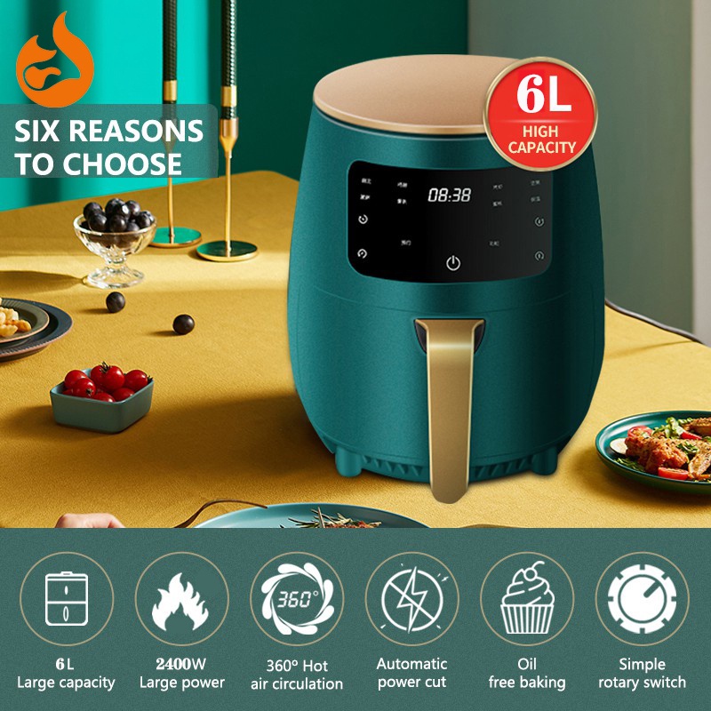 Air Fryer 6L Non Stick LED Digital Touchscreen Penggoreng udara Oil Free Kitchen Aid Fries Machine Healthy 2400W