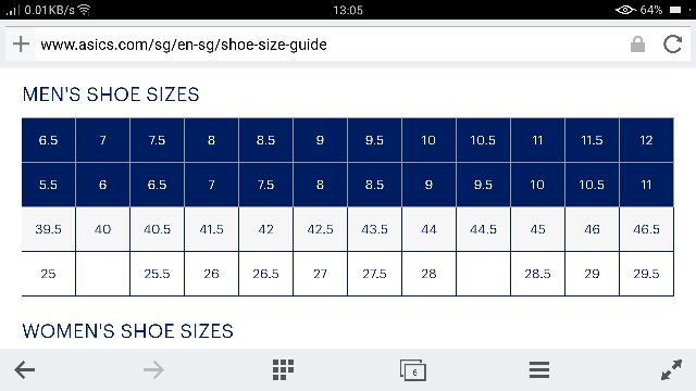 asics shoe size chart