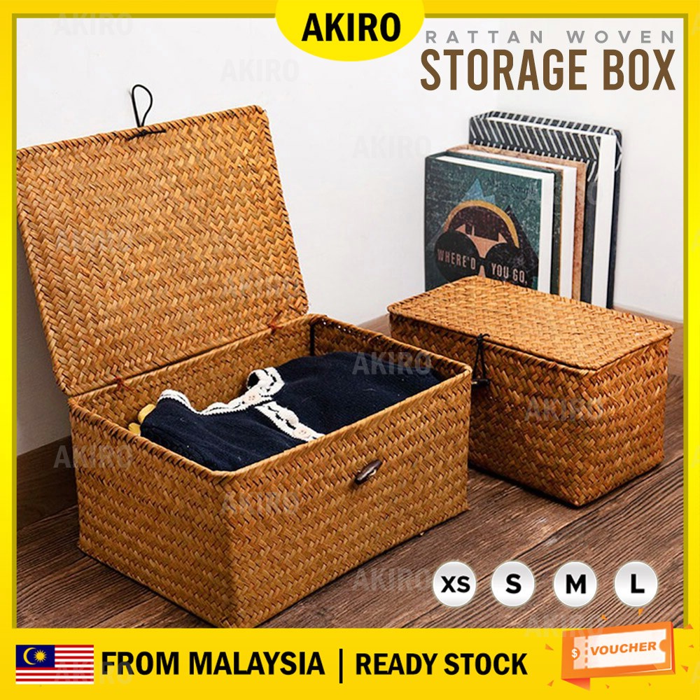 AKIRO Handmade Seagrass Rattan Basket Home Organizer Woven Storage Box With Lid Cover Kotak Rotan Hantaran Kahwin 编织篮