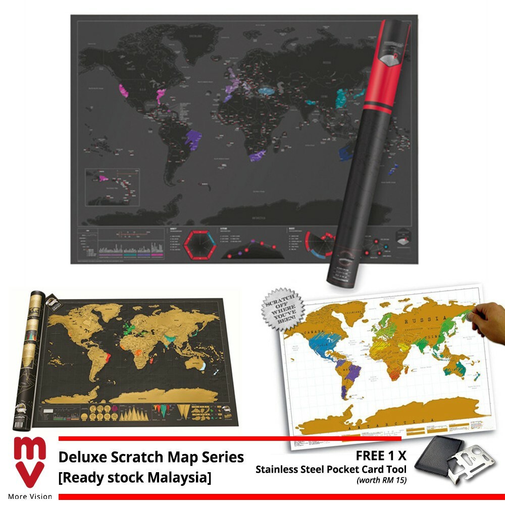 Scratch Off Large Deluxe Travel World Map Series Colorful Wall Poster Gift Personalized Cities Red Black Brown Map