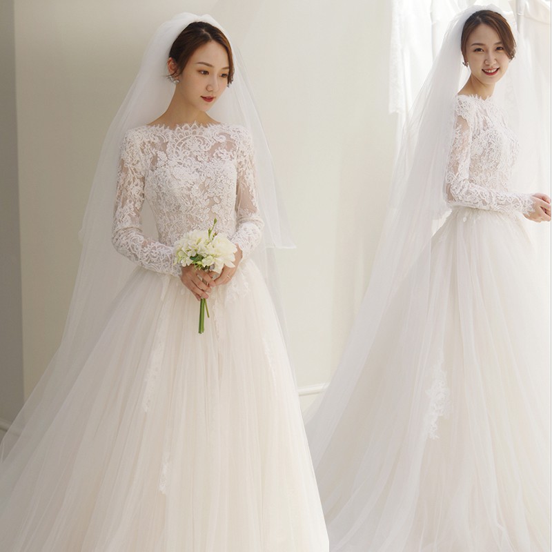 Po Muslimah White Long Sleeve Lace Fishtail Wedding Bridal Dress