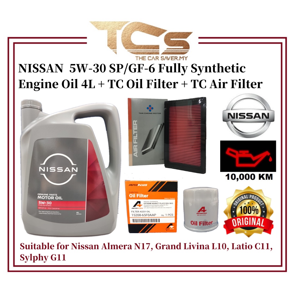 NISSAN 5W-30 SP/GF-6 Fully Synthetic Engine Oil 4L + TC Oil Filter + TC ...