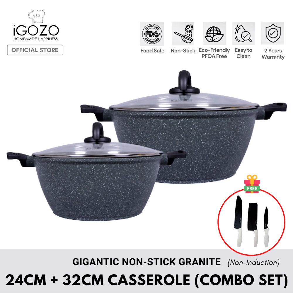 iGOZO Gigantic Non Stick Granite Casserole Pot Periuk Batu Granite Non  Induction Set (24cm  32cm) [FREE 3 pcs Knives] | Shopee Malaysia