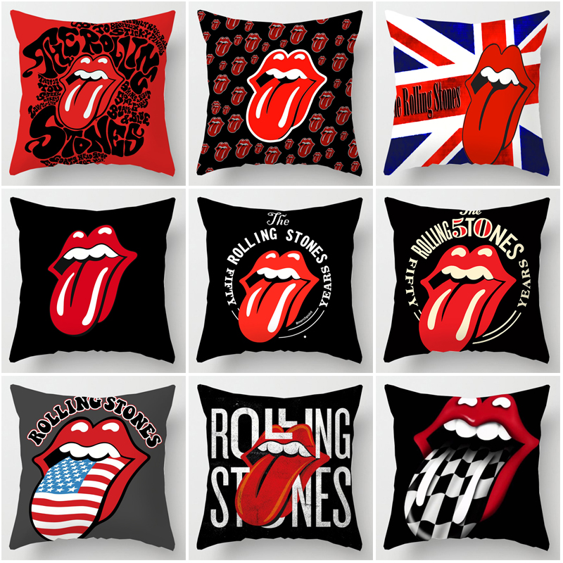 Funny Tongue Rolling Stones Logo Polyester Decorative Throw Pillow Case Single-sided Printing Cushion Cover Sofa Throw Pillow Case Home Decor(Without Pillow Inner) 45x45cm