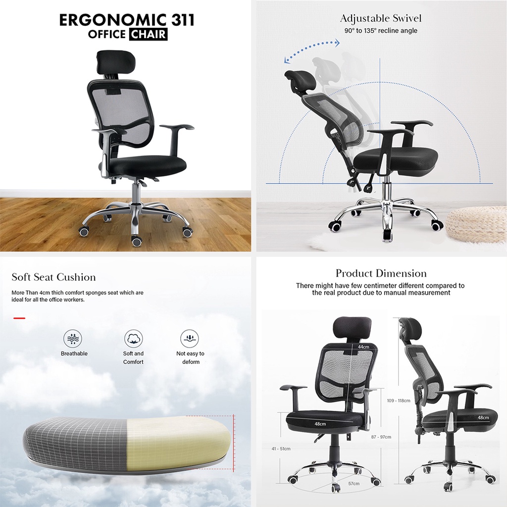 FINSSO: Ergonomic & Height Adjustable High Backrest Swivel Office Chair