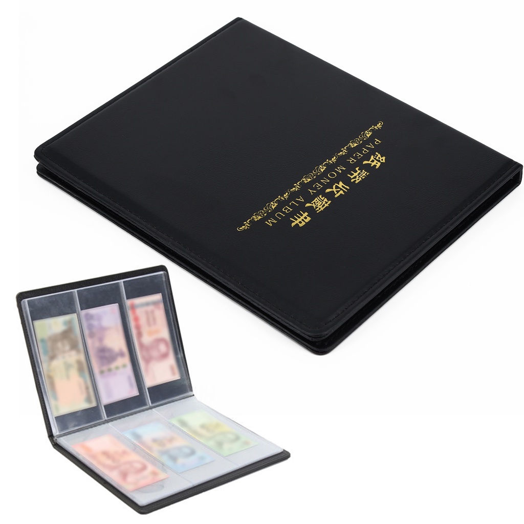 60 Pockets Paper Money Collection Album Stamps Book Leather Notes Black
